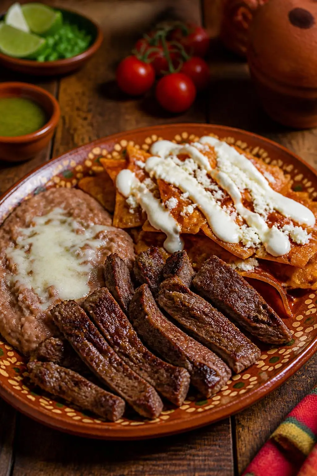 Red chilaquiles with crema and queso fresco beside sliced grilled steak and refried beans on a painted clay plate.