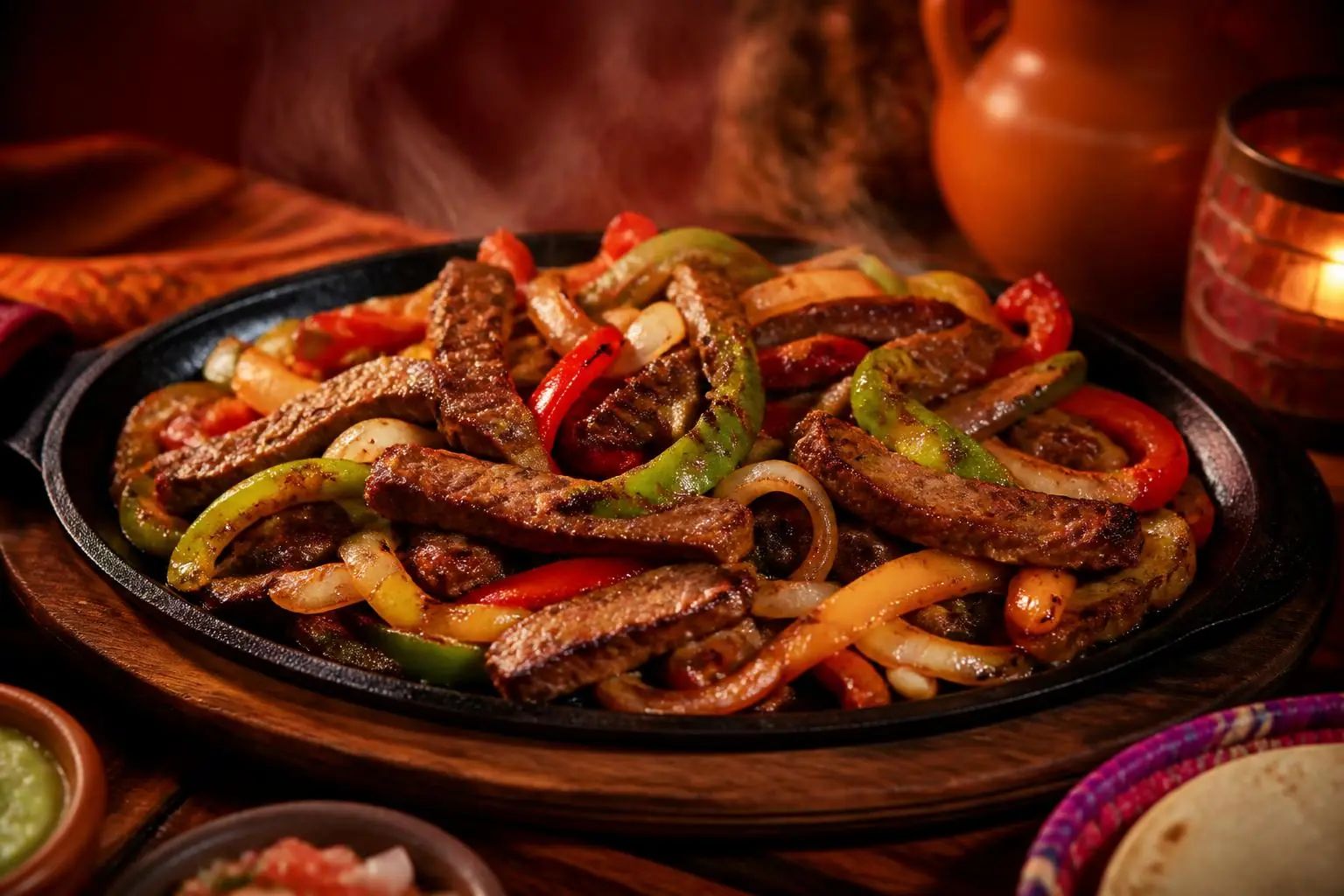 Sizzling skillet fajitas with grilled strips of meat, red and green peppers and onions on a cast-iron skillet.