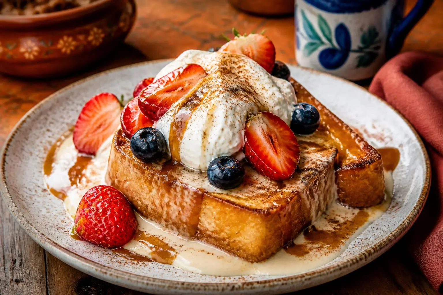 Tres leches French toast topped with whipped cream, sliced strawberries and blueberries, with cinnamon and caramel.
